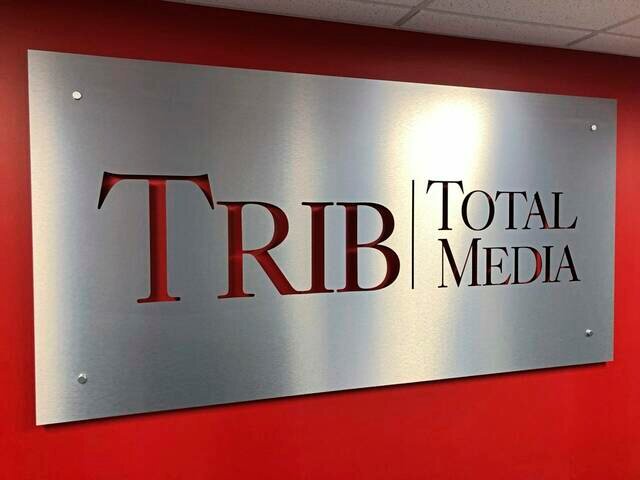 The Trib Total Media sign in the company&rsquo;s headquarters in Tarentum, Pennsylvania